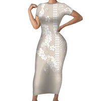 Suede Beige Hawaii Anthurium Plumeria Lei Family Matching Short Sleeve Bodycon Dress and Hawaiian Shirt LT9 Mom's Dress Beige - Polynesian Pride