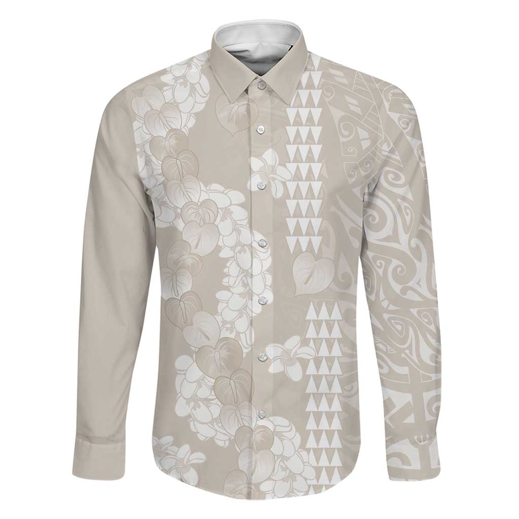 Suede Beige Hawaii Anthurium Plumeria Lei Family Matching Summer Maxi Dress and Hawaiian Shirt LT9 Dad's Shirt - Long Sleeve Beige - Polynesian Pride