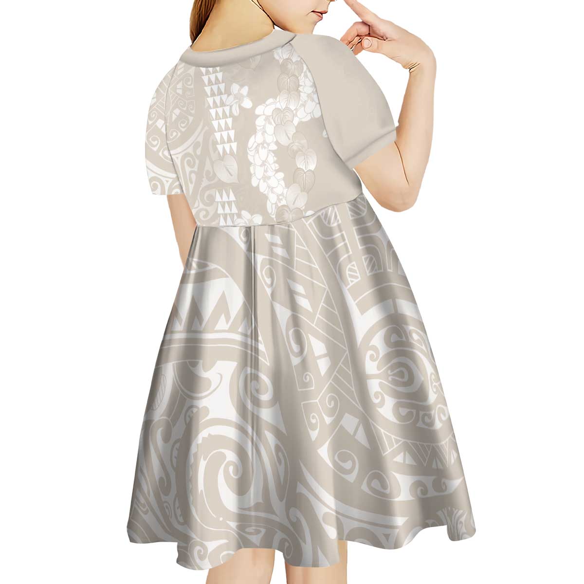 Suede Beige Hawaii Anthurium Plumeria Lei Kid Short Sleeve Dress