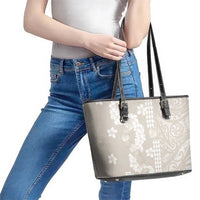 Suede Beige Hawaii Anthurium Plumeria Lei Leather Tote Bag