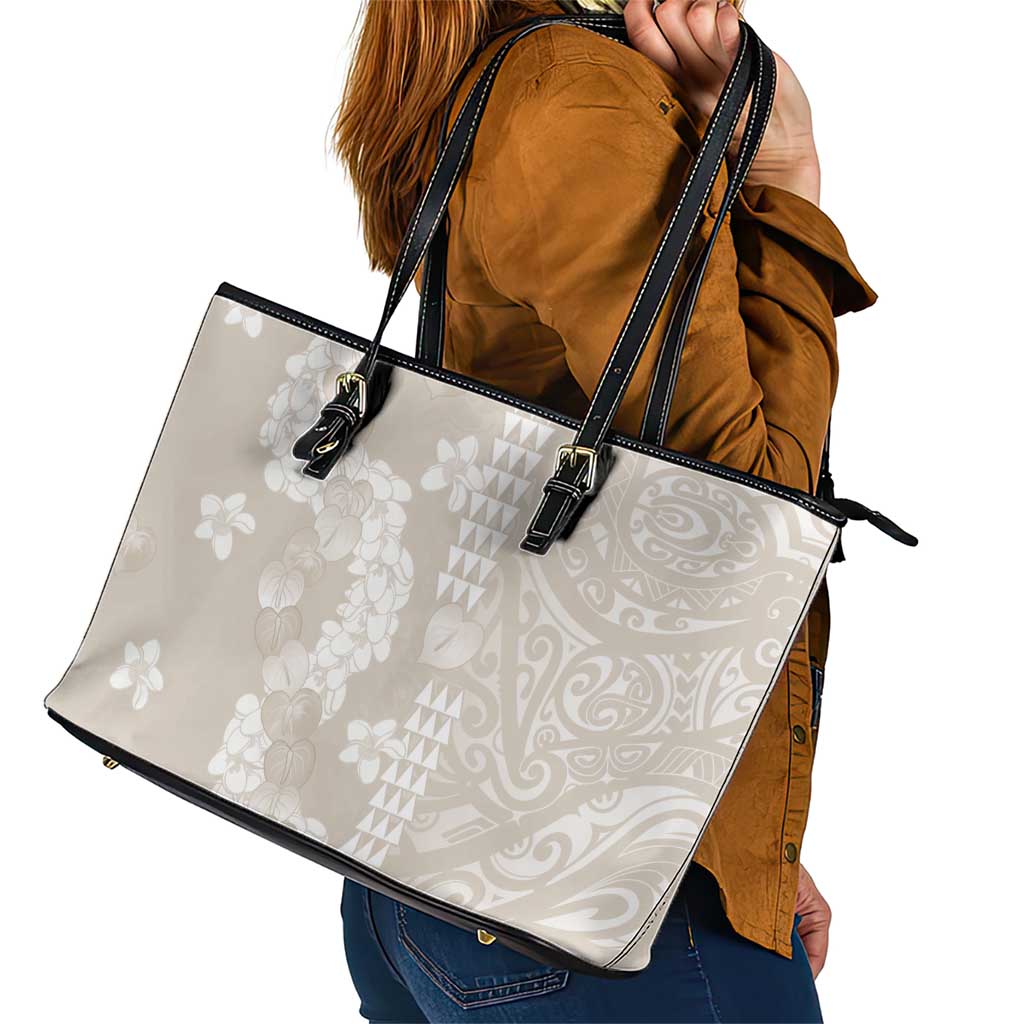 Suede Beige Hawaii Anthurium Plumeria Lei Leather Tote Bag