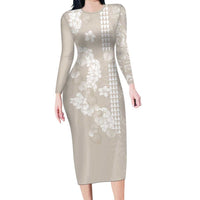 Suede Beige Hawaii Anthurium Plumeria Lei Long Sleeve Bodycon Dress
