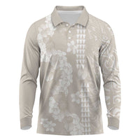 Suede Beige Hawaii Anthurium Plumeria Lei Long Sleeve Polo Shirt