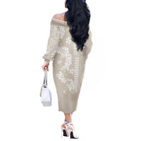 Suede Beige Hawaii Anthurium Plumeria Lei Off The Shoulder Long Sleeve Dress