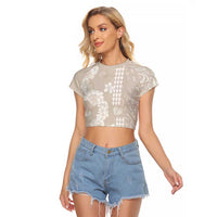 Suede Beige Hawaii Anthurium Plumeria Lei Raglan Cropped T Shirt