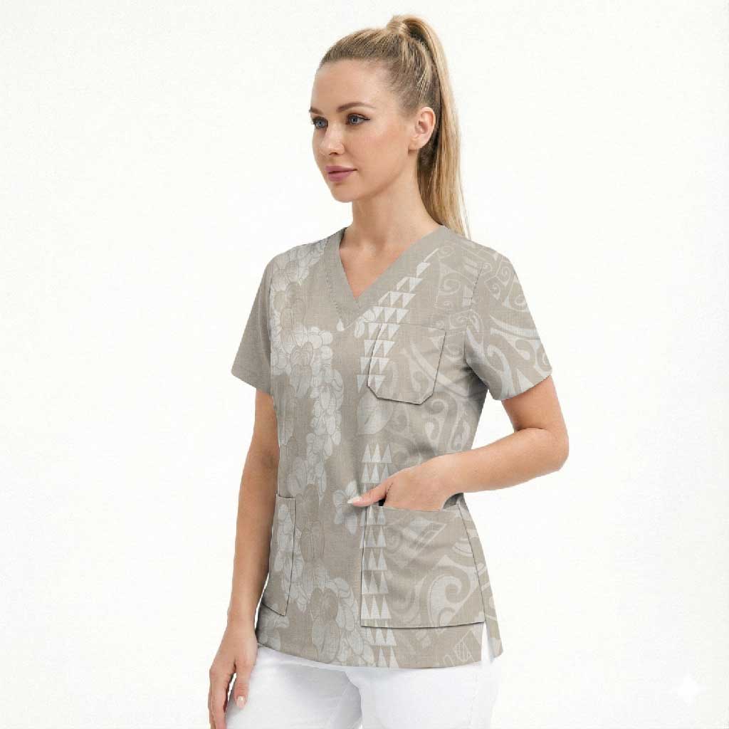 Suede Beige Hawaii Anthurium Plumeria Lei Scrub Top