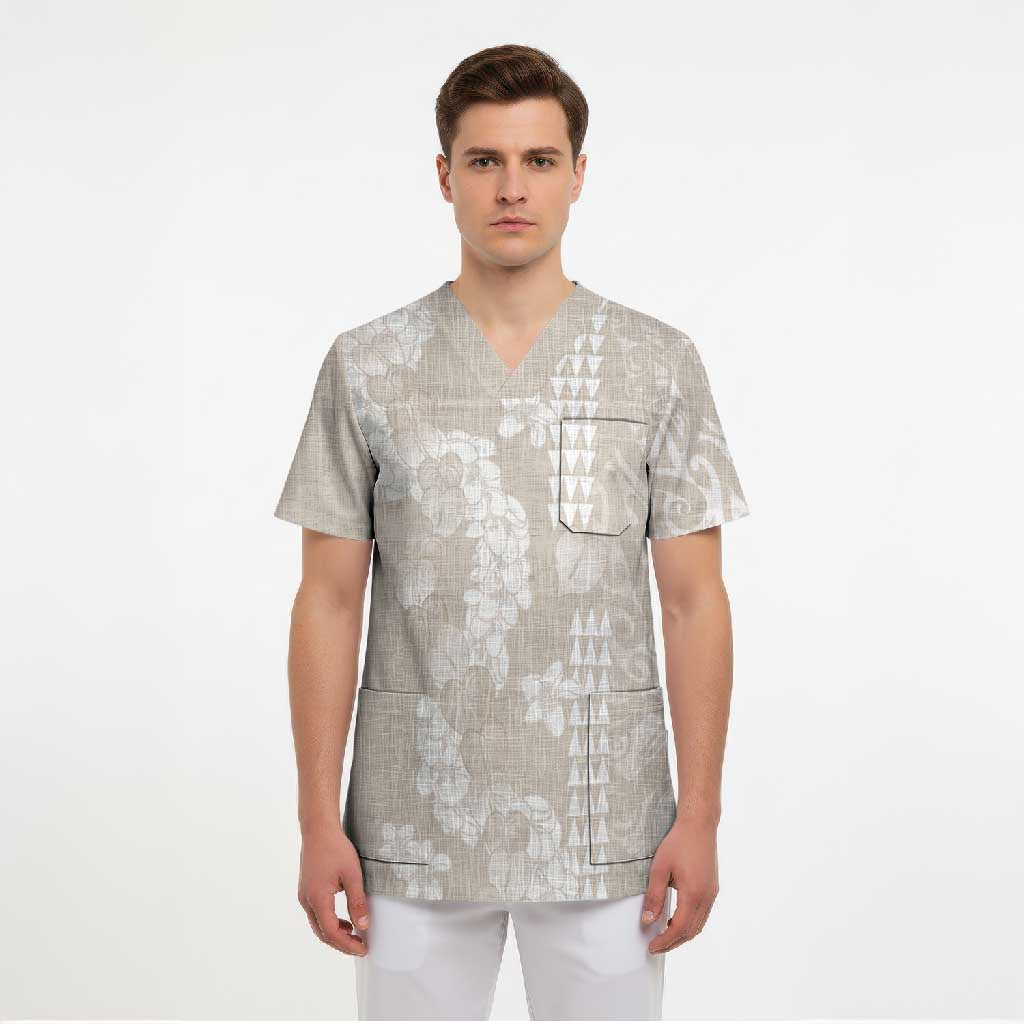 Suede Beige Hawaii Anthurium Plumeria Lei Scrub Top