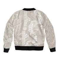 Suede Beige Hawaii Anthurium Plumeria Lei Sleeve Zip Bomber Jacket