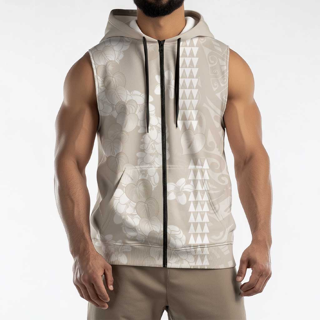 Suede Beige Hawaii Anthurium Plumeria Lei Sleeveless Zip Hoodie