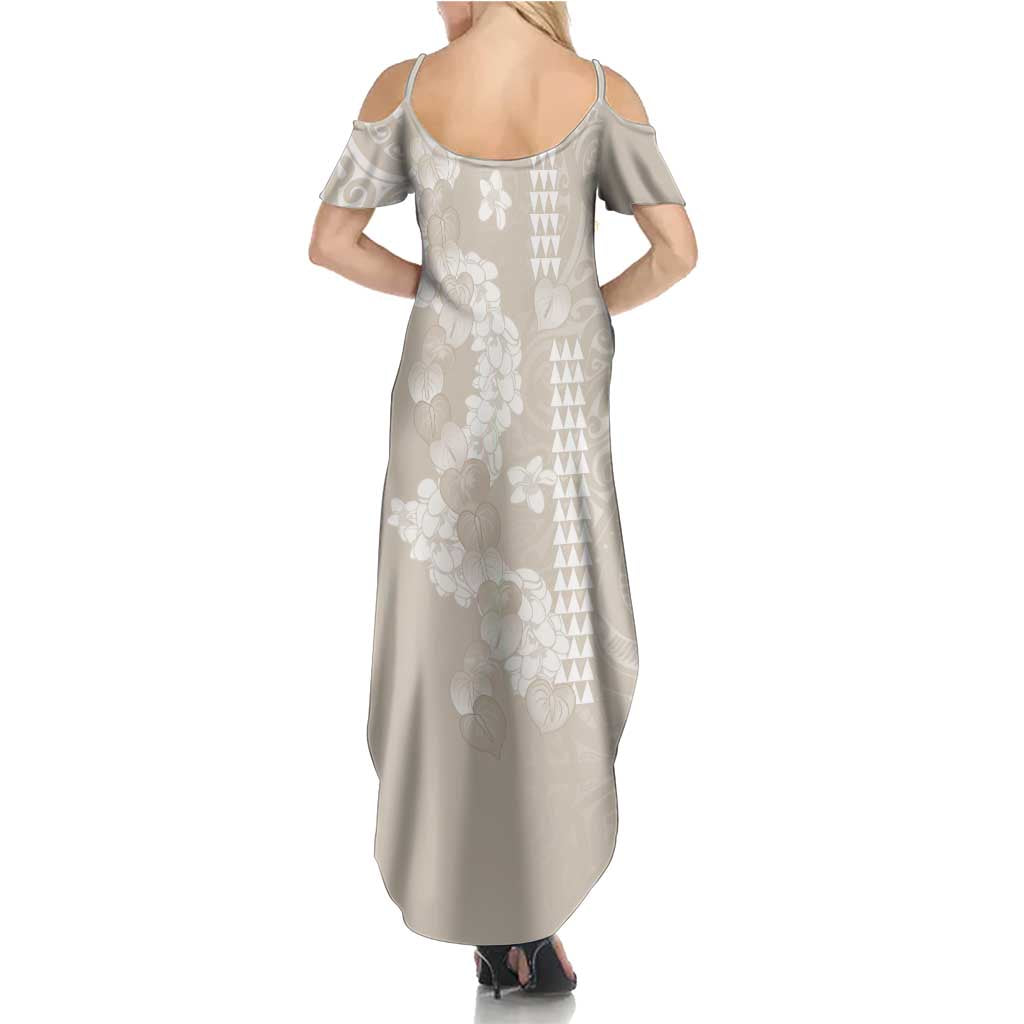 Suede Beige Hawaii Anthurium Plumeria Lei Summer Maxi Dress