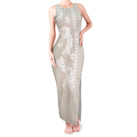 Suede Beige Hawaii Anthurium Plumeria Lei Tank Maxi Dress