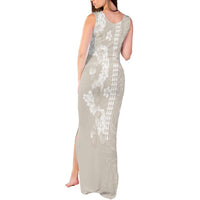 Suede Beige Hawaii Anthurium Plumeria Lei Tank Maxi Dress