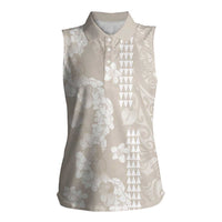 Suede Beige Hawaii Anthurium Plumeria Lei Women Sleeveless Polo Shirt