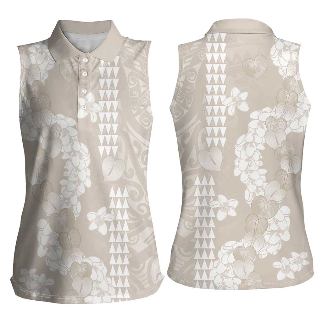 Suede Beige Hawaii Anthurium Plumeria Lei Women Sleeveless Polo Shirt