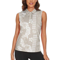 Suede Beige Hawaii Anthurium Plumeria Lei Women Sleeveless Polo Shirt