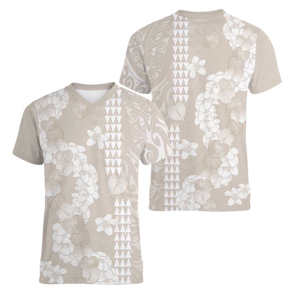 Suede Beige Hawaii Anthurium Plumeria Lei Women V-Neck T-Shirt