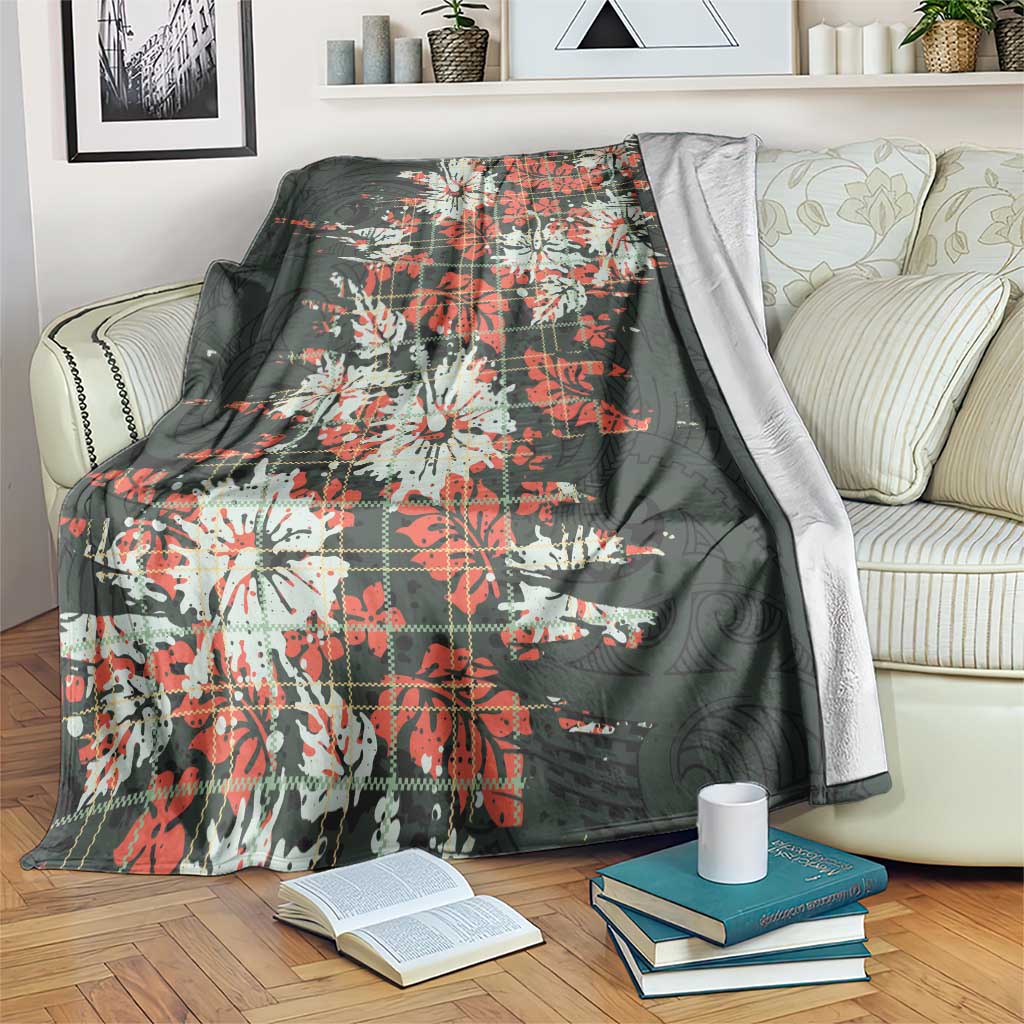 Hawaii Tartan With Hibiscus Blanket Polynesian Pattern Vintage