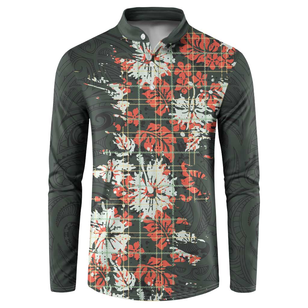 Hawaii Tartan With Hibiscus Button Sweatshirt Polynesian Pattern Vintage