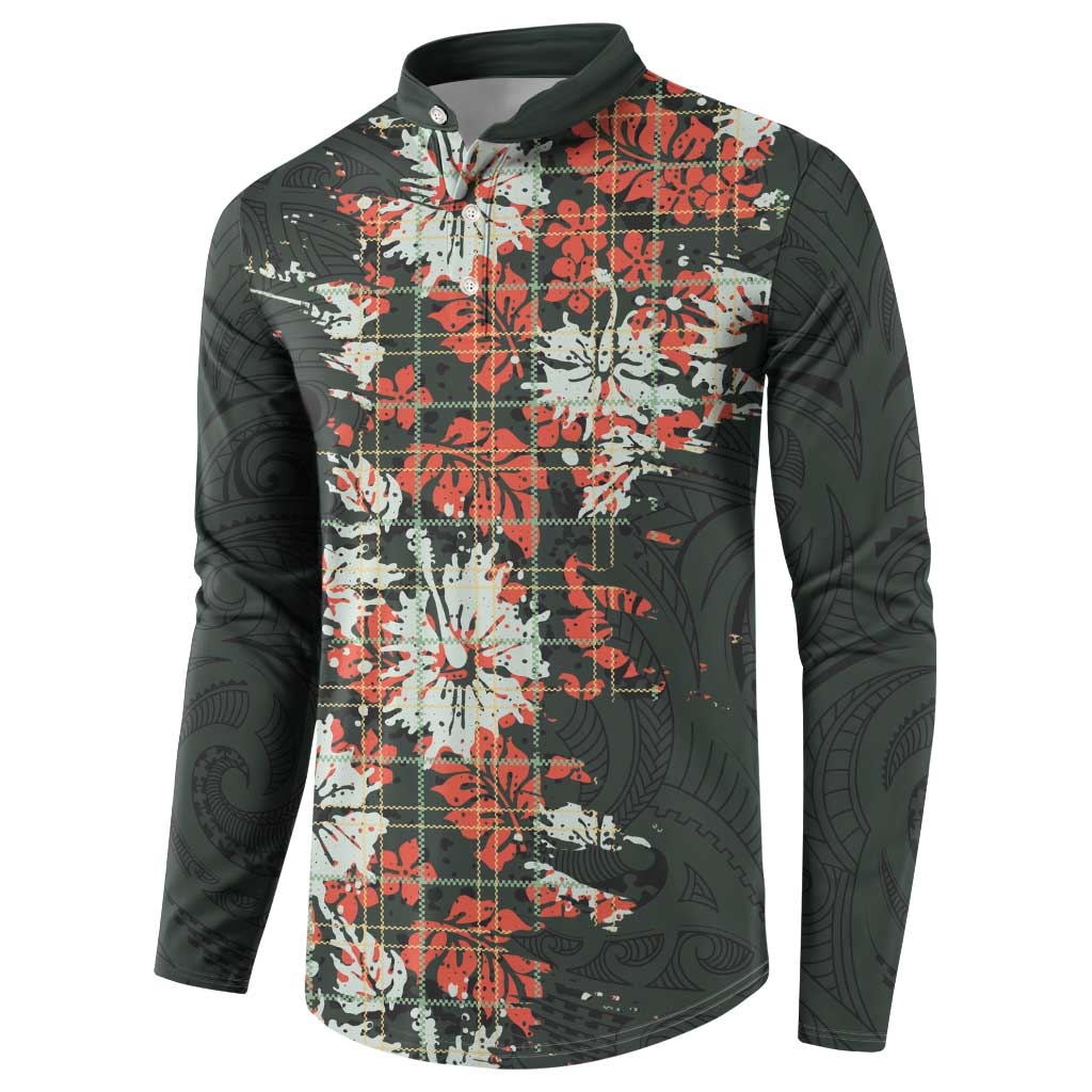 Hawaii Tartan With Hibiscus Button Sweatshirt Polynesian Pattern Vintage