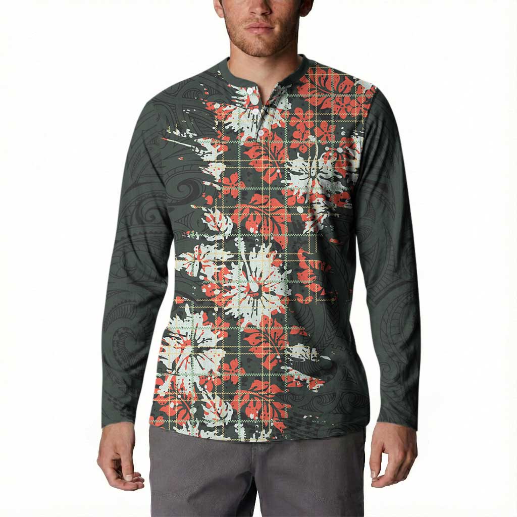 Hawaii Tartan With Hibiscus Button Sweatshirt Polynesian Pattern Vintage