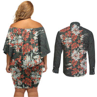Hawaii Tartan With Hibiscus Couples Matching Off Shoulder Short Dress and Long Sleeve Button Shirt Polynesian Pattern Vintage