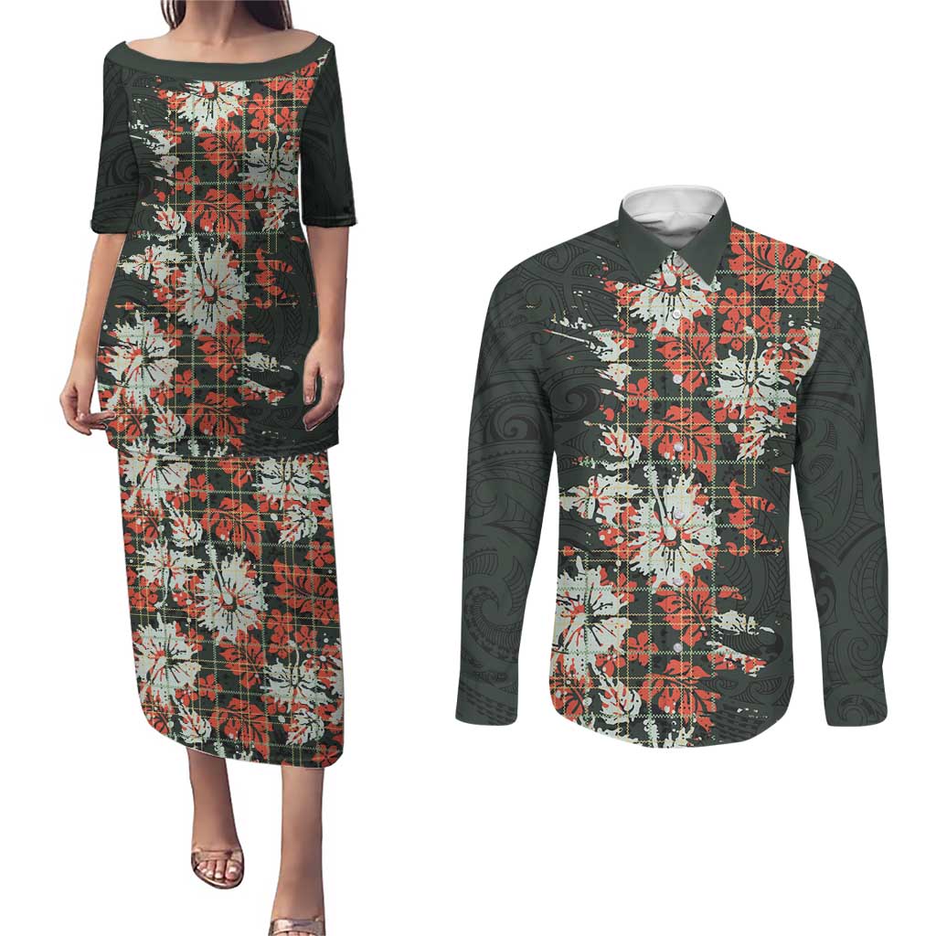Hawaii Tartan With Hibiscus Couples Matching Puletasi and Long Sleeve Button Shirt Polynesian Pattern Vintage