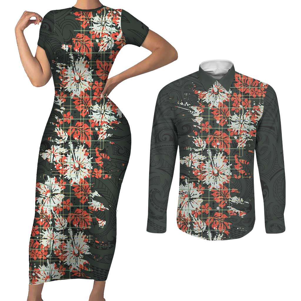 Hawaii Tartan With Hibiscus Couples Matching Short Sleeve Bodycon Dress and Long Sleeve Button Shirt Polynesian Pattern Vintage
