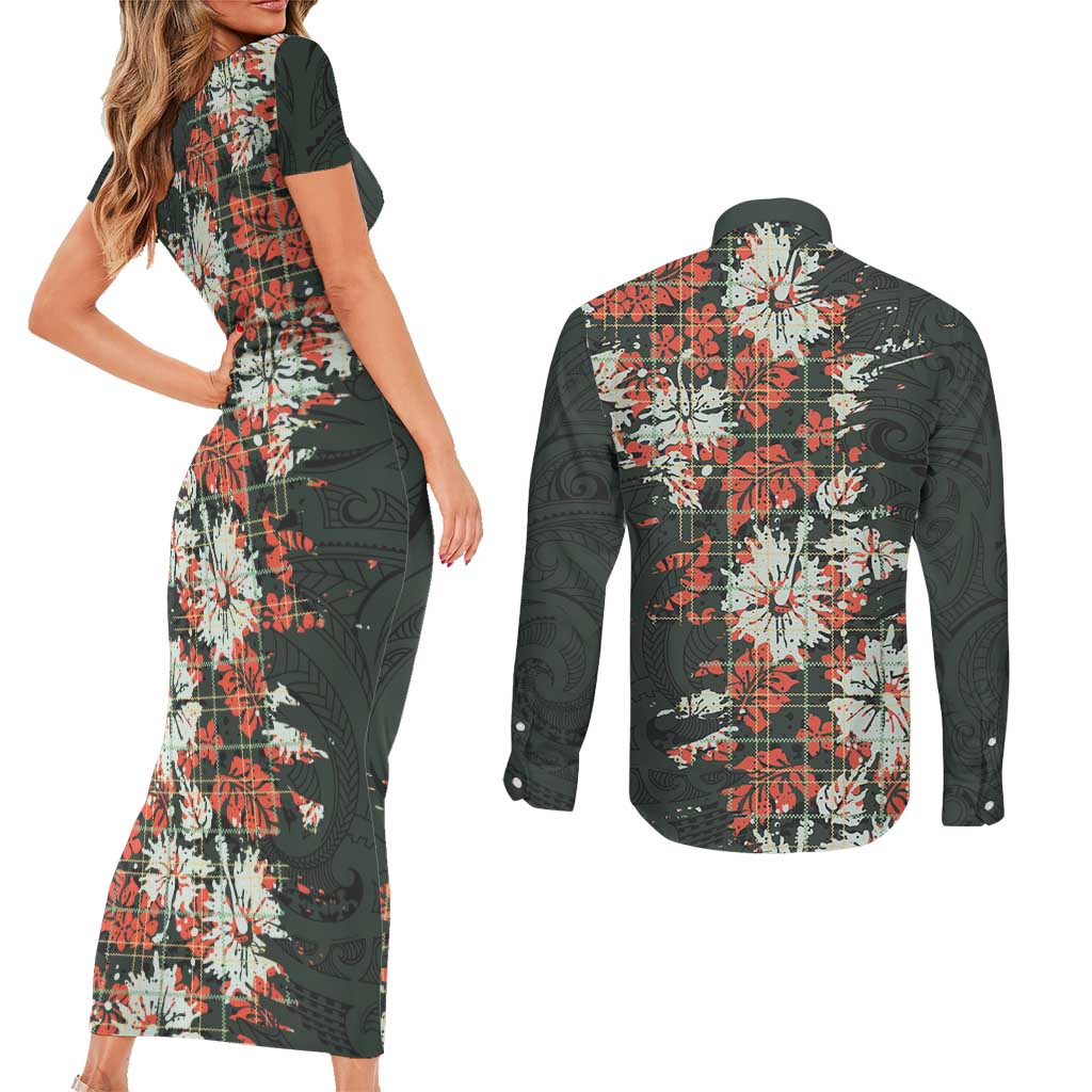 Hawaii Tartan With Hibiscus Couples Matching Short Sleeve Bodycon Dress and Long Sleeve Button Shirt Polynesian Pattern Vintage