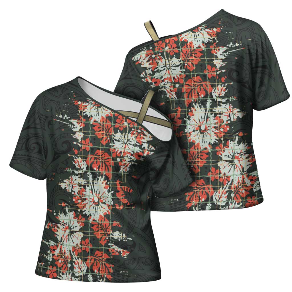 Hawaii Tartan With Hibiscus Cross Shoulder Shirt Polynesian Pattern Vintage