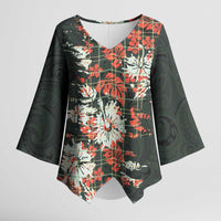 Hawaii Tartan With Hibiscus Kimono Sleeve Blouse Polynesian Pattern Vintage