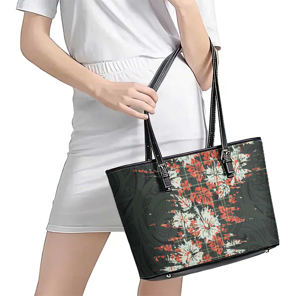 Hawaii Tartan With Hibiscus Leather Tote Bag Polynesian Pattern Vintage