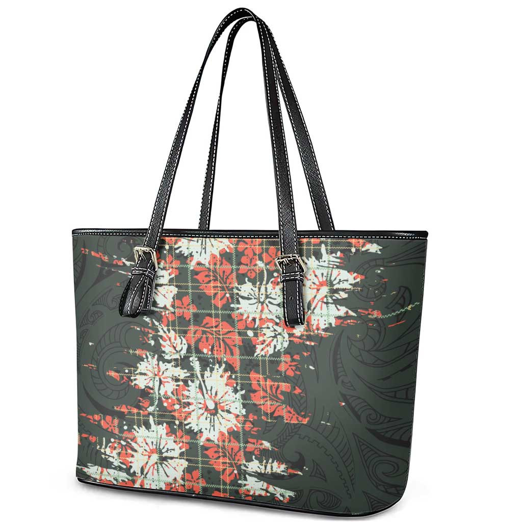 Hawaii Tartan With Hibiscus Leather Tote Bag Polynesian Pattern Vintage