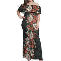 Hawaii Tartan With Hibiscus Off Shoulder Maxi Dress Polynesian Pattern Vintage