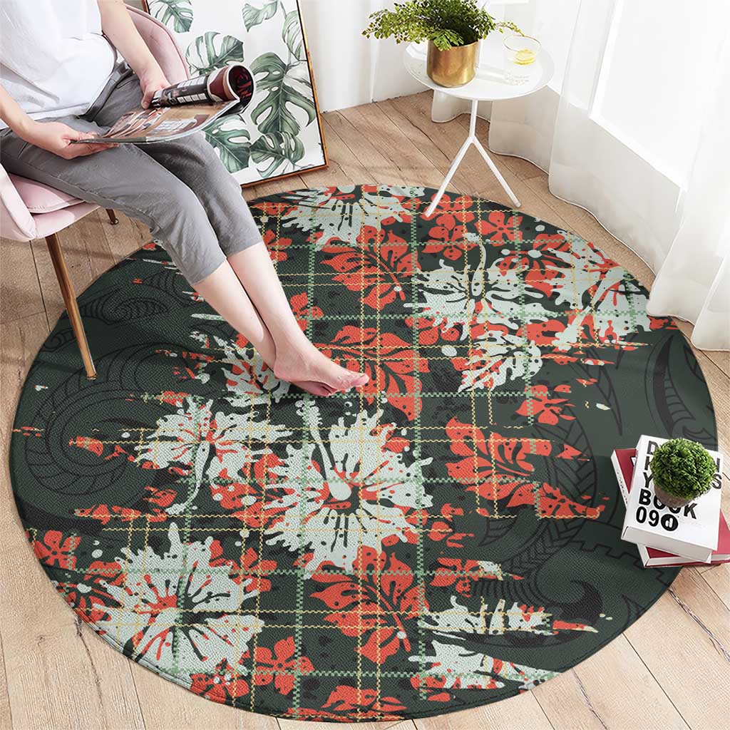 Hawaii Tartan With Hibiscus Round Carpet Polynesian Pattern Vintage