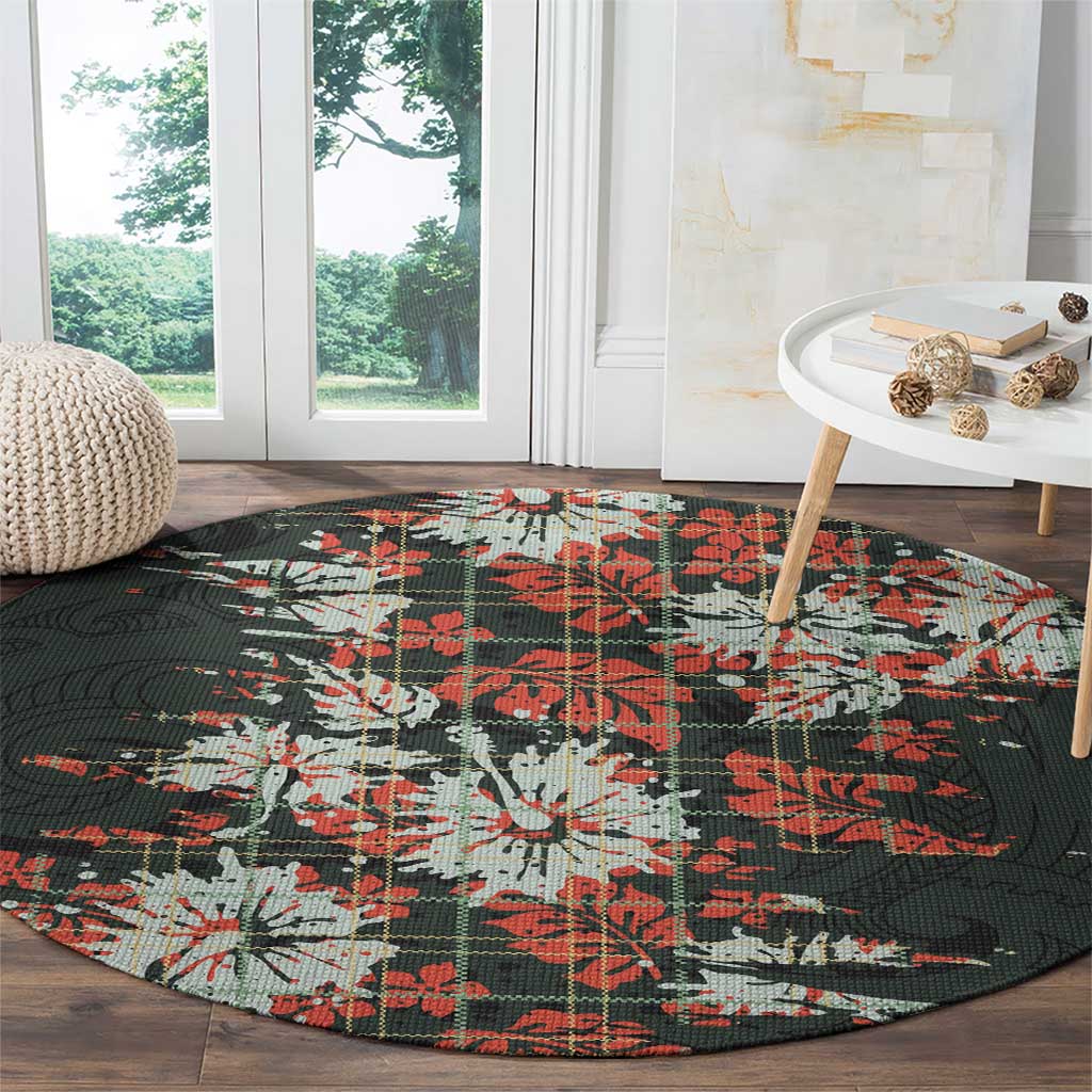 Hawaii Tartan With Hibiscus Round Carpet Polynesian Pattern Vintage
