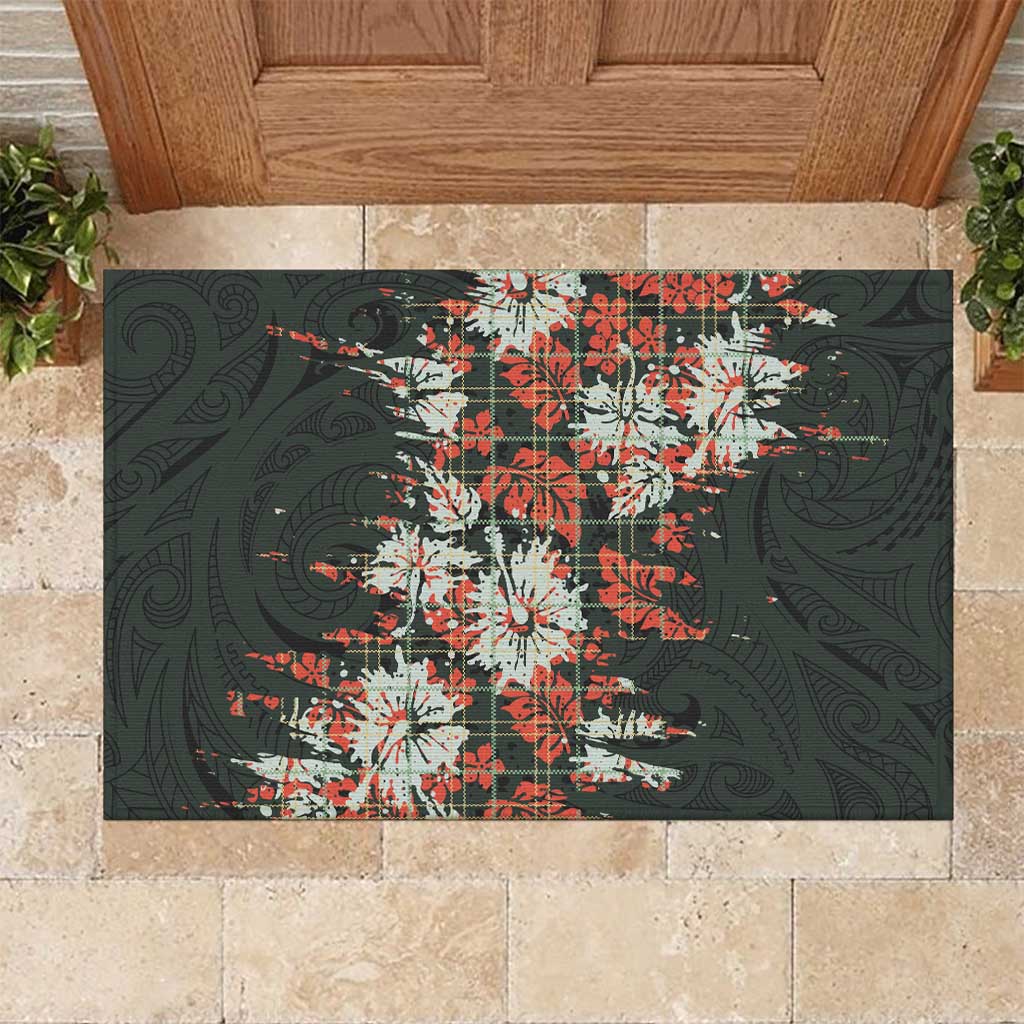 Hawaii Tartan With Hibiscus Rubber Doormat Polynesian Pattern Vintage
