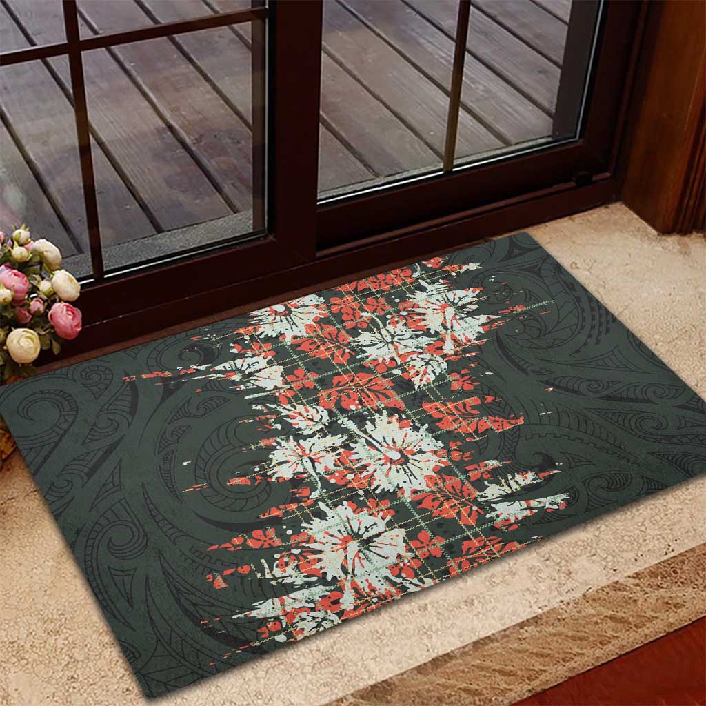 Hawaii Tartan With Hibiscus Rubber Doormat Polynesian Pattern Vintage