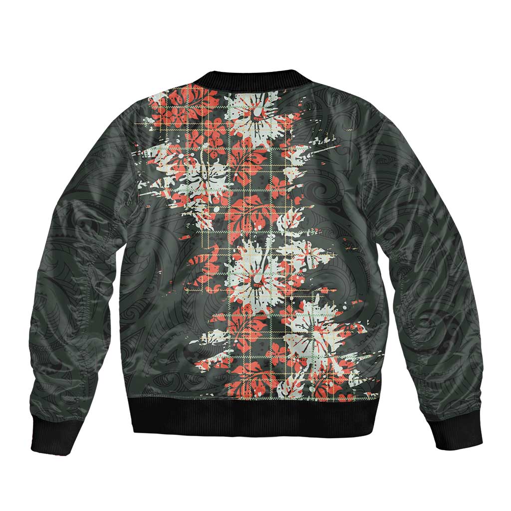Hawaii Tartan With Hibiscus Sleeve Zip Bomber Jacket Polynesian Pattern Vintage