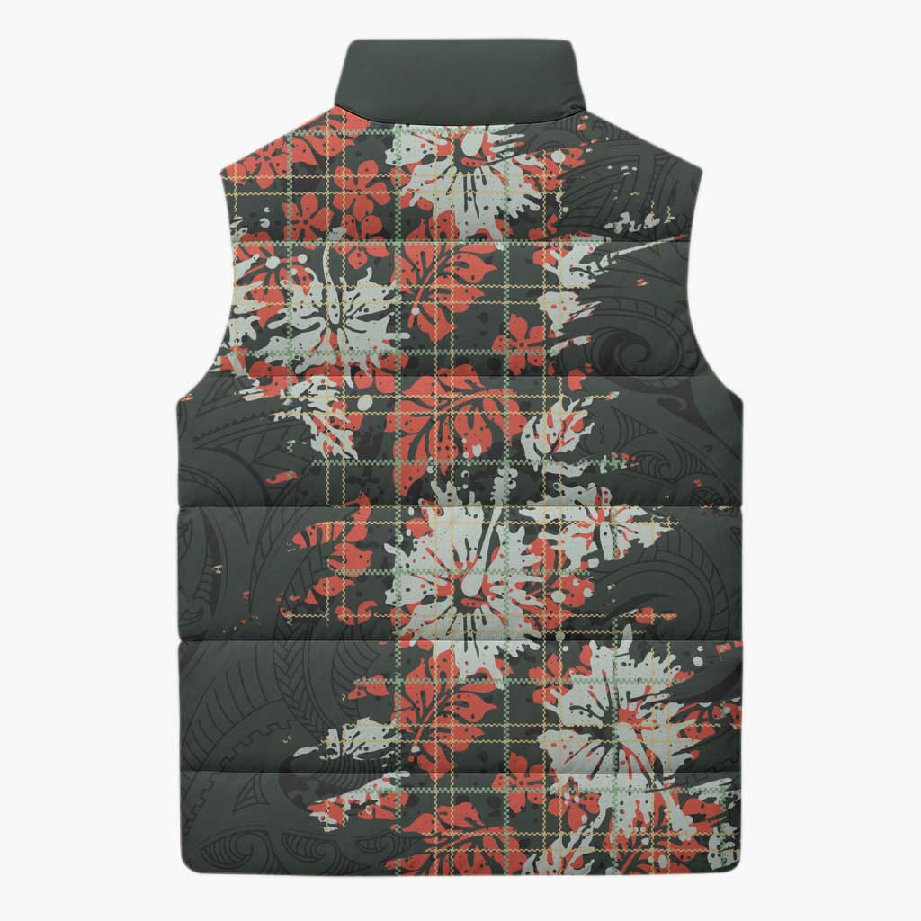 Hawaii Tartan With Hibiscus Sleeveless Puffer Jacket Polynesian Pattern Vintage