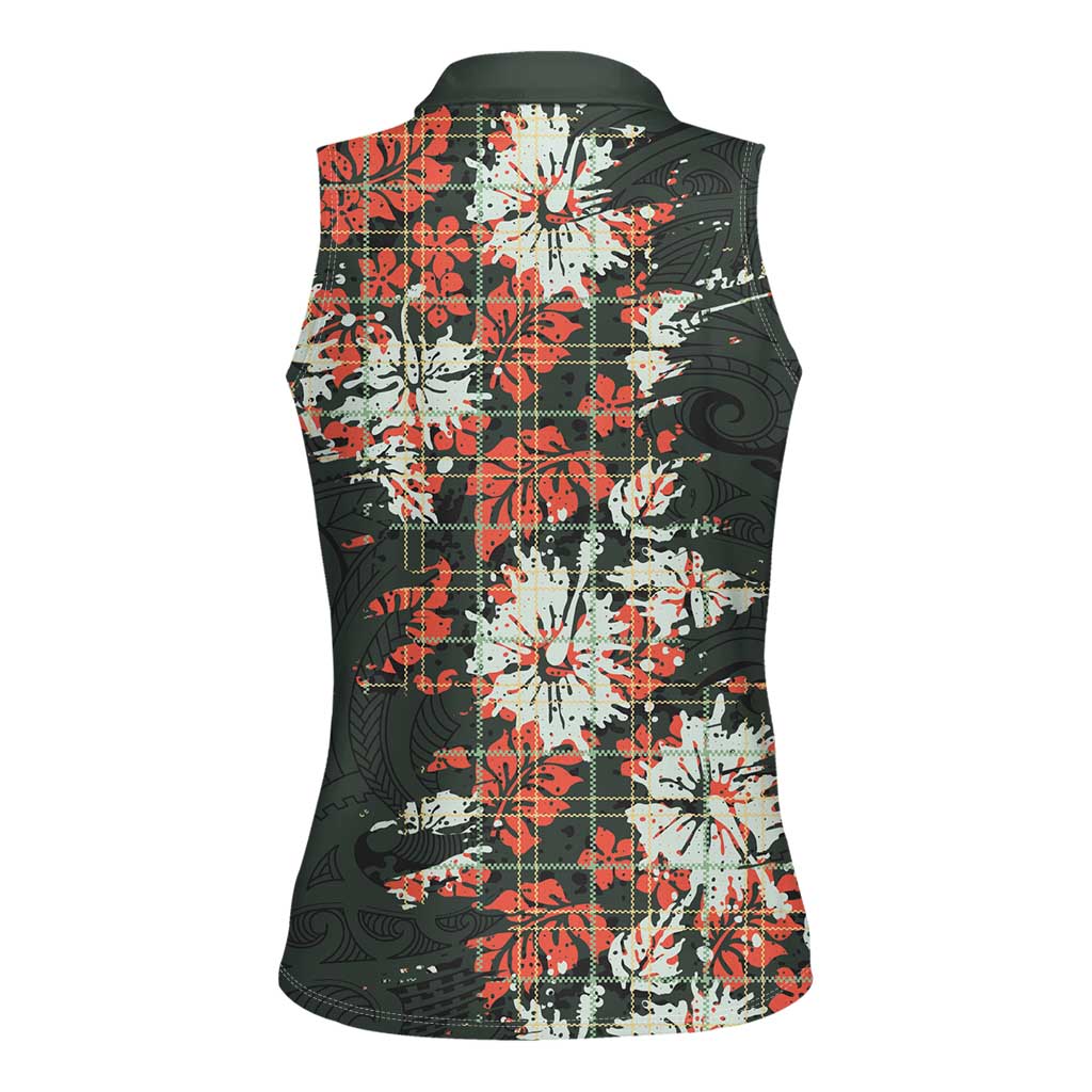 Hawaii Tartan With Hibiscus Women Sleeveless Polo Shirt Polynesian Pattern Vintage