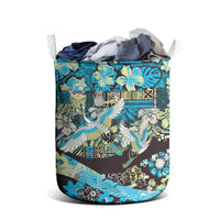Japanese Hawaiian Crane Laundry Basket Blue Tapa Patchwork Pattern