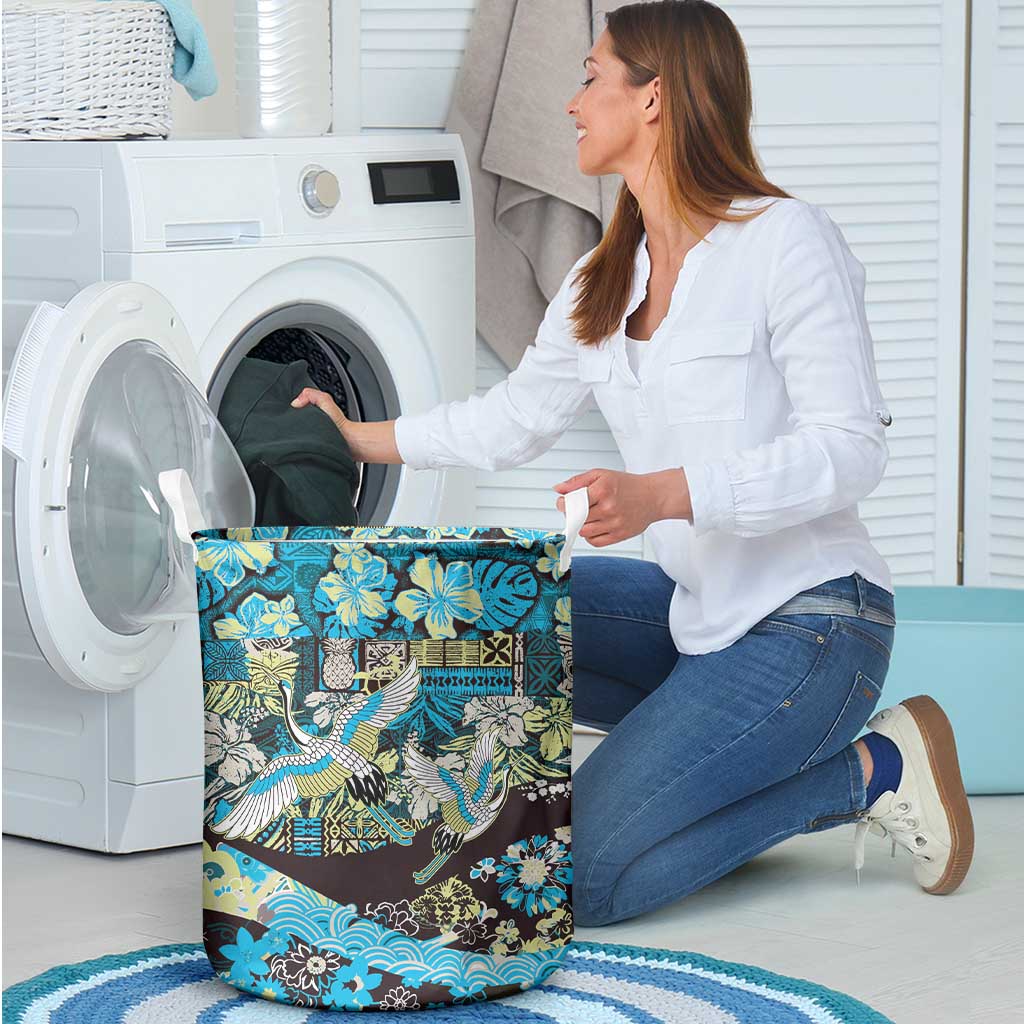 Japanese Hawaiian Crane Laundry Basket Blue Tapa Patchwork Pattern