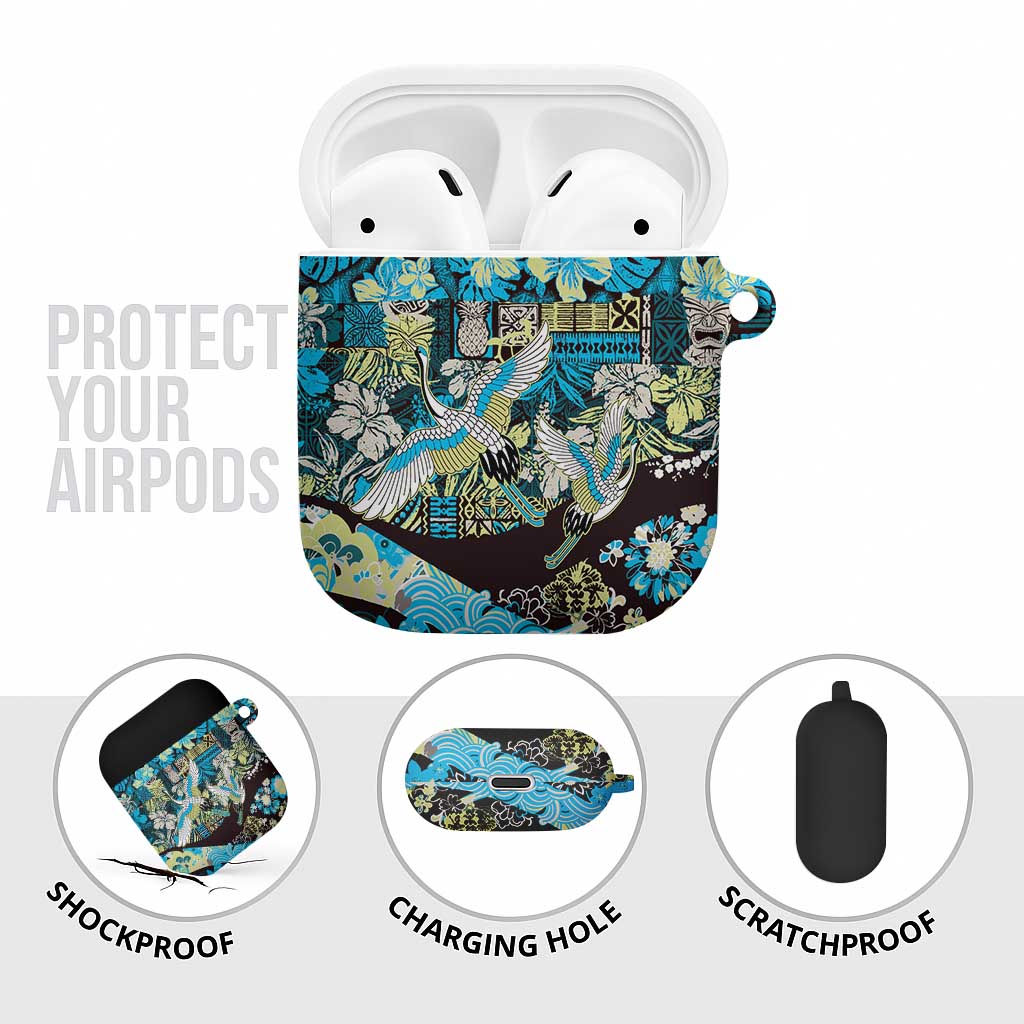 Japanese Hawaiian Crane AirPods Case Blue Tapa Patchwork Pattern