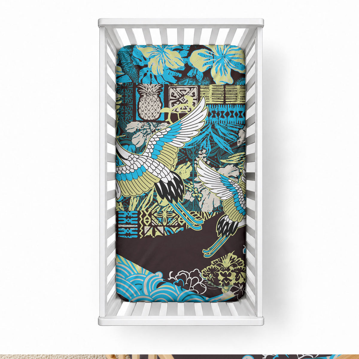 Japanese Hawaiian Crane Baby Bed Cover Blue Tapa Patchwork Pattern LT9 28 × 52 in Blue - Polynesian Pride