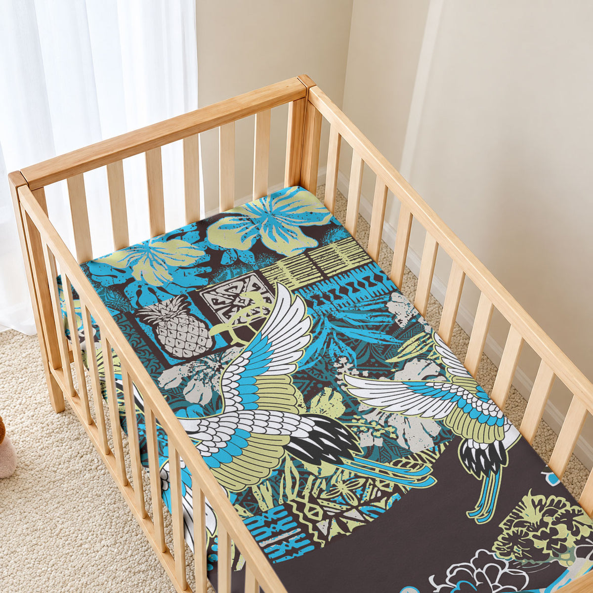 Japanese Hawaiian Crane Baby Bed Cover Blue Tapa Patchwork Pattern LT9 - Polynesian Pride