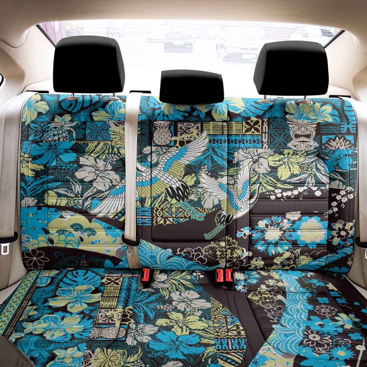 Japanese Hawaiian Crane Back Car Seat Cover Blue Tapa Patchwork Pattern