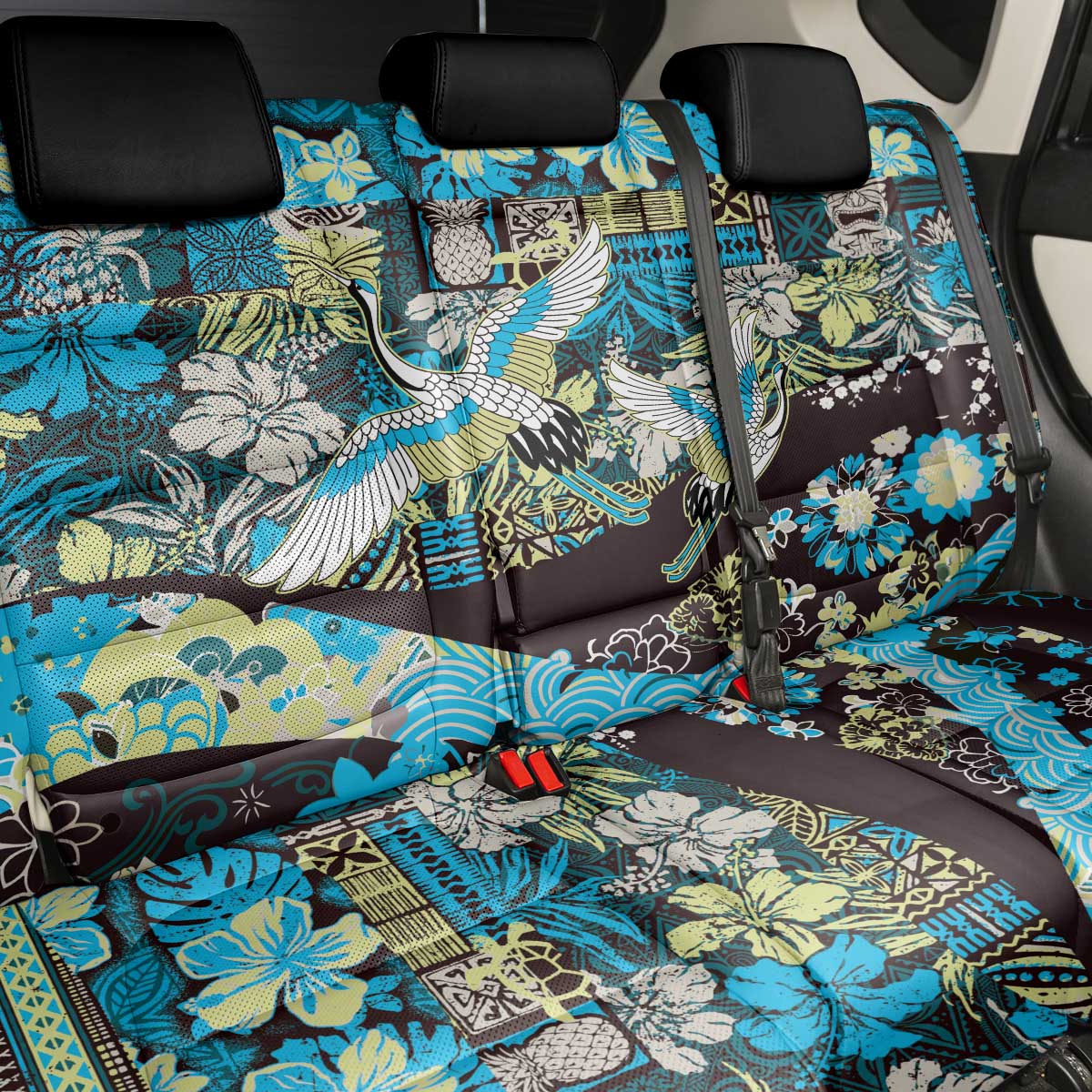 Japanese Hawaiian Crane Back Car Seat Cover Blue Tapa Patchwork Pattern