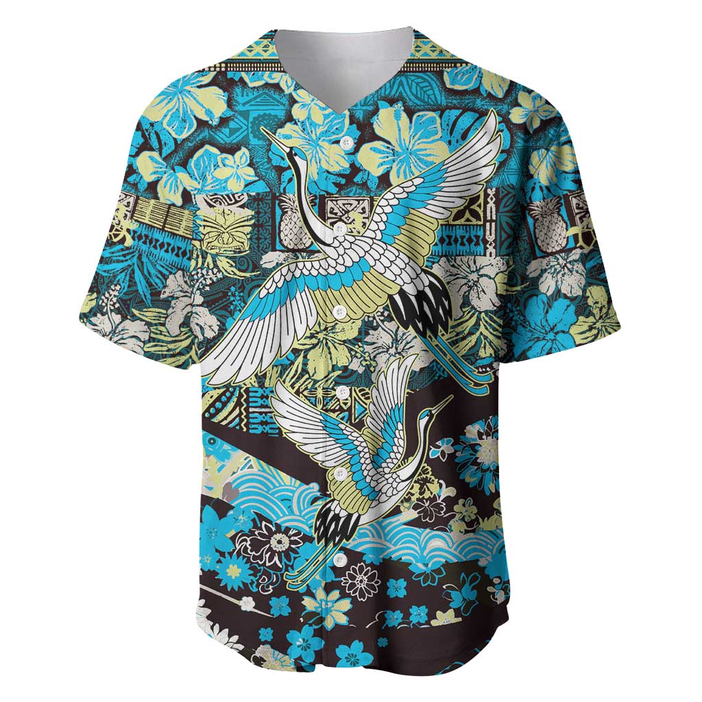 Japanese Hawaiian Crane Baseball Jersey Blue Tapa Patchwork Pattern