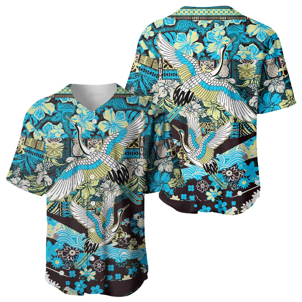 Japanese Hawaiian Crane Baseball Jersey Blue Tapa Patchwork Pattern