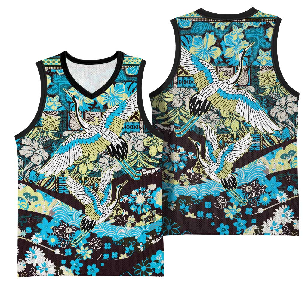 Japanese Hawaiian Crane Basketball Jersey Blue Tapa Patchwork Pattern